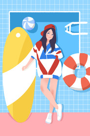 女孩插画手绘游泳圈滑板