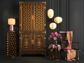 中式柜子 实木椅子 花卉