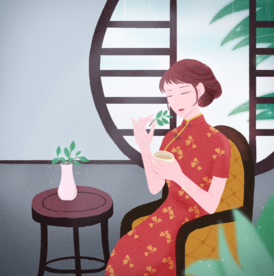 古典美女喝茶卡通