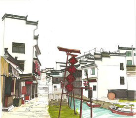 油画 手绘 古建筑