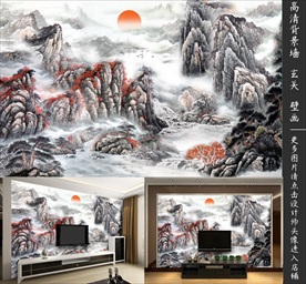 中式山水电视背景墙