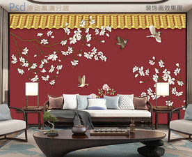 工笔花鸟红色宫墙背景墙
