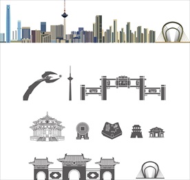 沈阳城市建筑剪影线稿