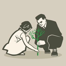 父女一起种树植树节卡通素材