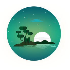 月光插画 月光湖景 山树水