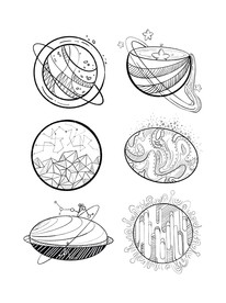 手绘黑白星球奇幻卡通行星元素套