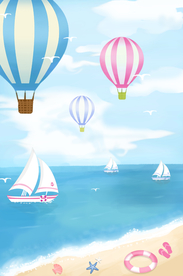 海边沙滩热气球清新插画背景