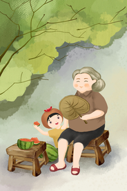 夏季乘凉人物老奶奶插画背景素材