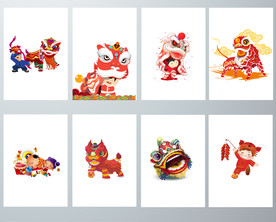 新年人物舞狮卡通元素素材图片