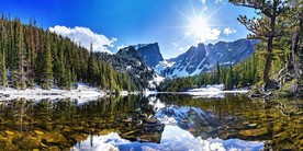 雪山森林平静湖面倒影