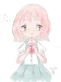 卡通手绘喝饮料的女孩