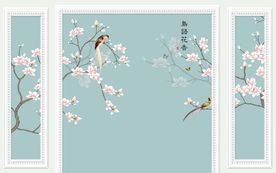 白边框鸟语花香玉兰花边框背景墙