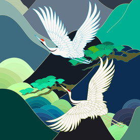国风插画山鸟图色彩鲜明鹤