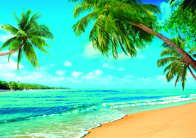 椰树海岸风景海浪小岛白云蓝天