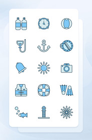 蓝色线性填充海洋潜水图标集