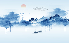 水墨画山水画背景墙中式