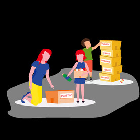 母亲带着孩子整理垃圾箱垃圾分类