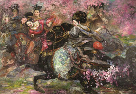 油画 美女  骑马