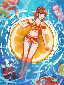 清凉夏天游泳少女泳池插画