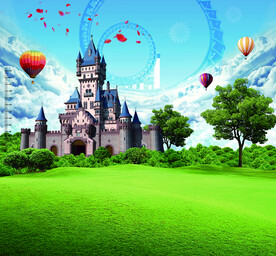儿童 城堡 天空 热气球 草地