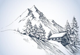 雪山脚下房屋素描