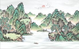 新中式青山绿水国画电视背景墙