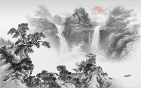 中式水墨山水瀑布国画电视背景墙
