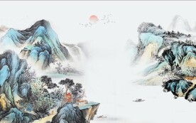 中式青绿山水国画电视背景墙