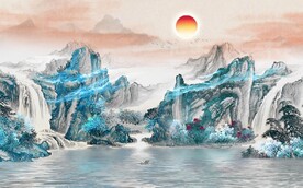 中式青绿山水瀑布国画电视背景墙