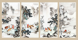 闫焕然人物鞍马四条屏