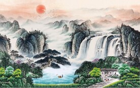 中式青绿山水国画电视背景墙