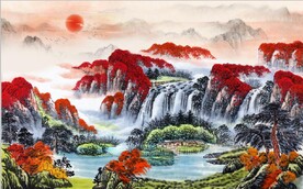 鸿运当头山水国画电视背景墙