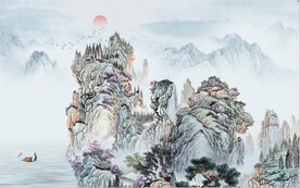 中式青绿山水国画电视背景墙