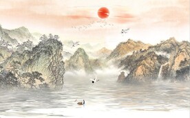 中式青绿山水国画电视背景墙