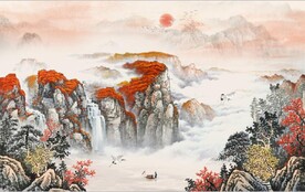 鸿运当头山水国画电视背景墙