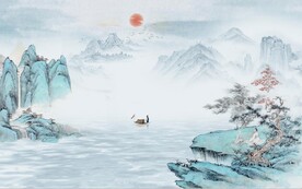 中式青绿山水国画电视背景墙
