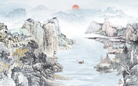 中式青绿山水国画电视背景墙