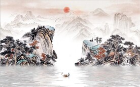 中式青绿山水国画电视背景墙