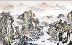 中式青绿山水国画电视背景墙