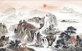 仿古青绿山水国画电视背景墙