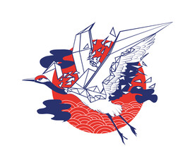 红日背景千纸鹤变换成仙鹤