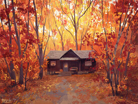 秋天林中小屋绘画