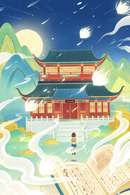 手绘花鸟山水风景画海报素材