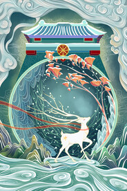 手绘花鸟山水风景画海报素材