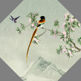 新中式山水画  喜鹊   花