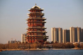 日落的滨州蒲湖黄河楼