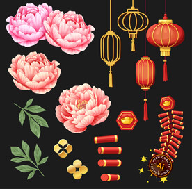 春节牡丹鞭炮素材