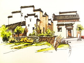 手绘古建筑群