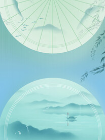 中国伞山水画春分插画 