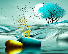 湖泊麋鹿高清风景画挂画